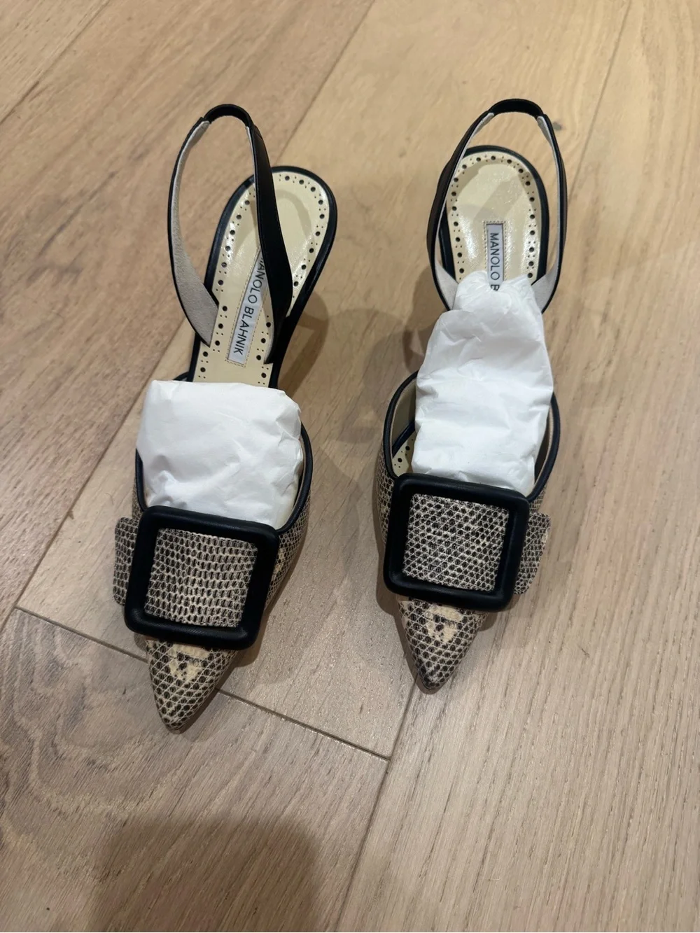 Manolo Blahnik Black and Beige Snakeskin Buckle Slingback Pumps 70mm heel